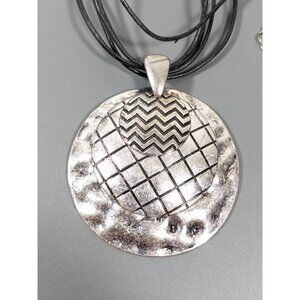 CATO 1946 Distressed SIlver Tone Round Medallion Pendant Black Cord Necklace 32"